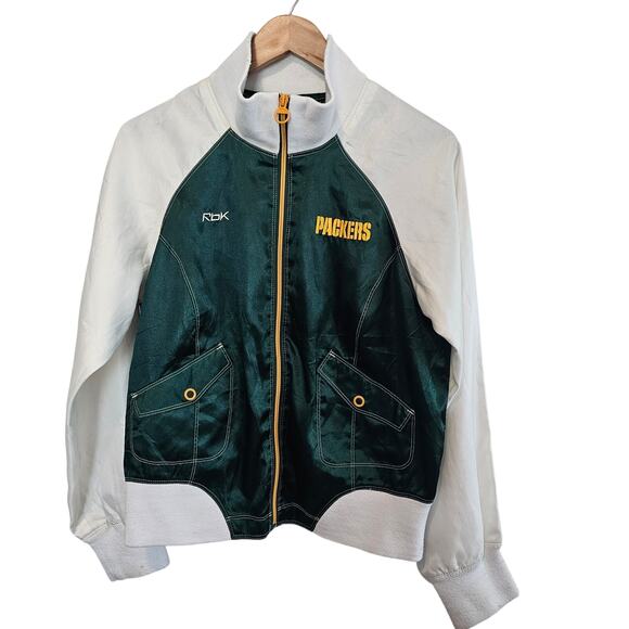 Vintage NFL Green Bay Packers Jacket Women Large Embroidered Silky Glam Football - Picture 1 of 10